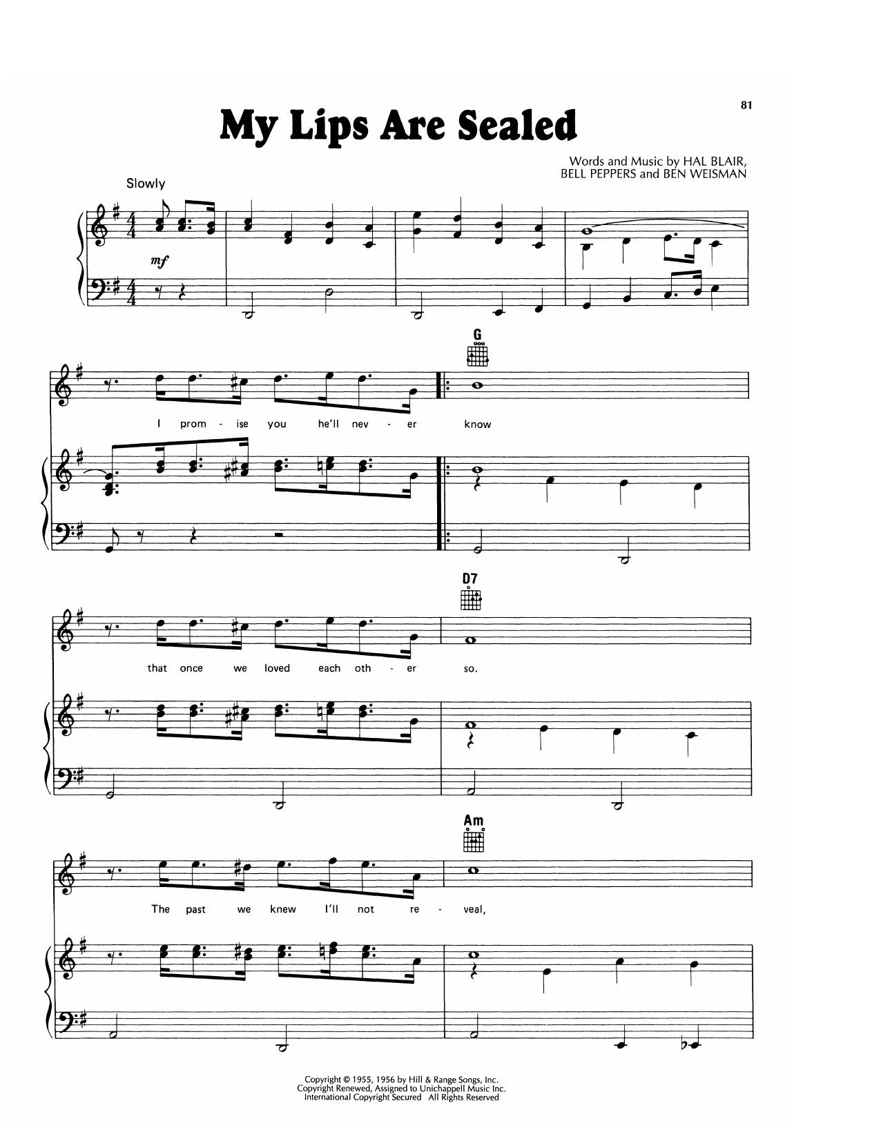 Jim Reeves My Lips Are Sealed sheet music notes and chords arranged for Piano, Vocal & Guitar Chords (Right-Hand Melody)