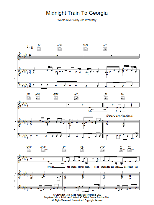 Jim Weatherly Midnight Train To Georgia sheet music notes and chords arranged for Piano, Vocal & Guitar Chords