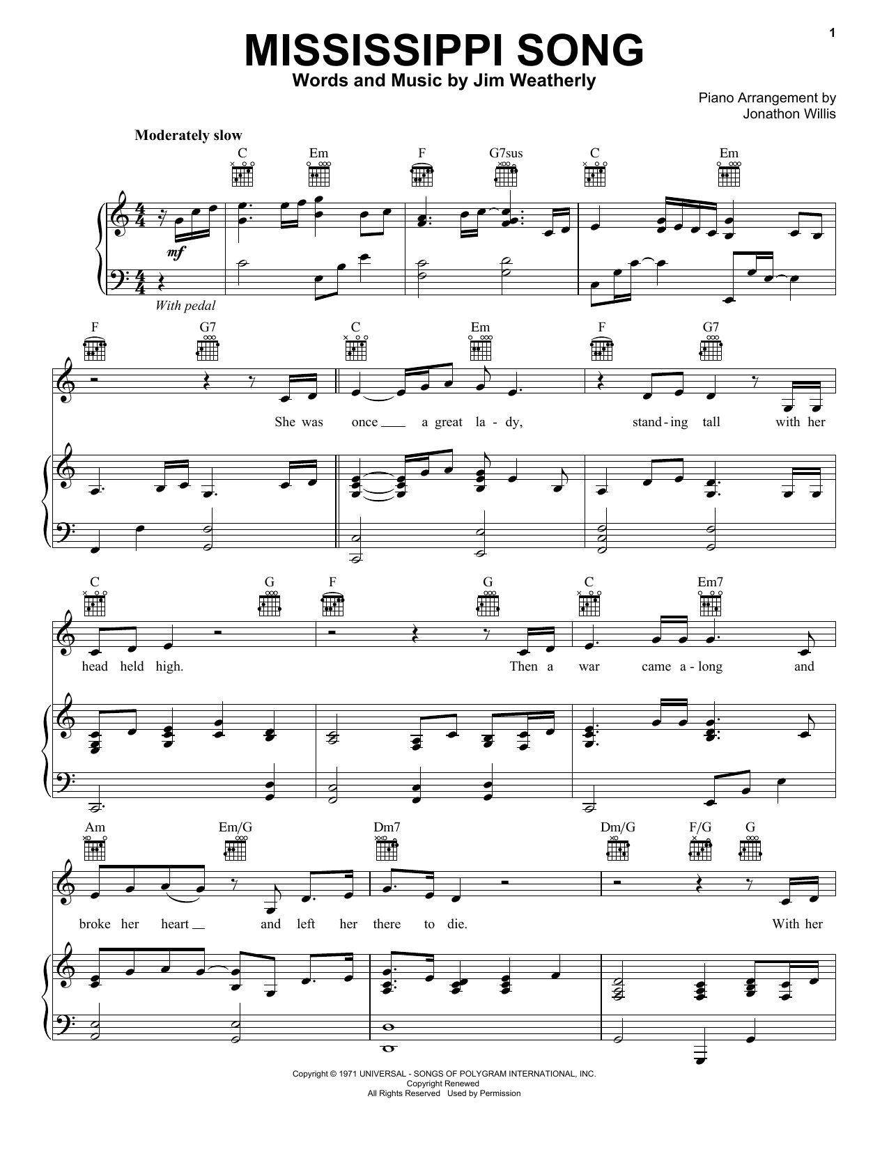 Jim Weatherly Mississippi Song sheet music notes and chords arranged for Piano, Vocal & Guitar Chords (Right-Hand Melody)