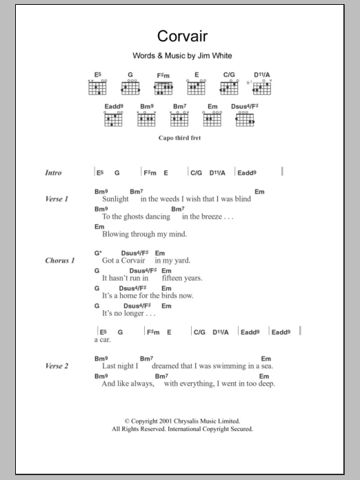 Jim White Corvair sheet music notes and chords arranged for Guitar Chords/Lyrics