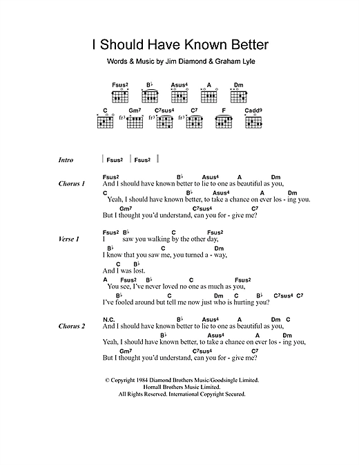 Jim Diamond I Should Have Known Better sheet music notes and chords arranged for Guitar Chords/Lyrics