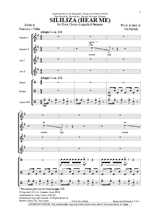 Jim Papoulis Sililiza (Hear Me) sheet music notes and chords arranged for SSA Choir