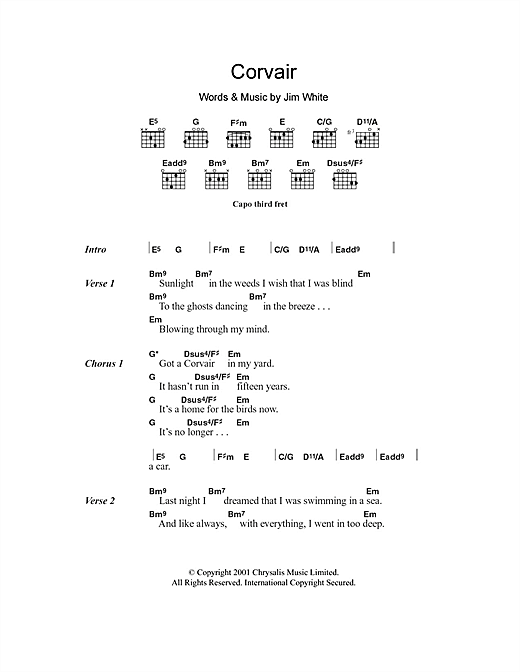 Jim White Corvair sheet music notes and chords arranged for Guitar Chords/Lyrics