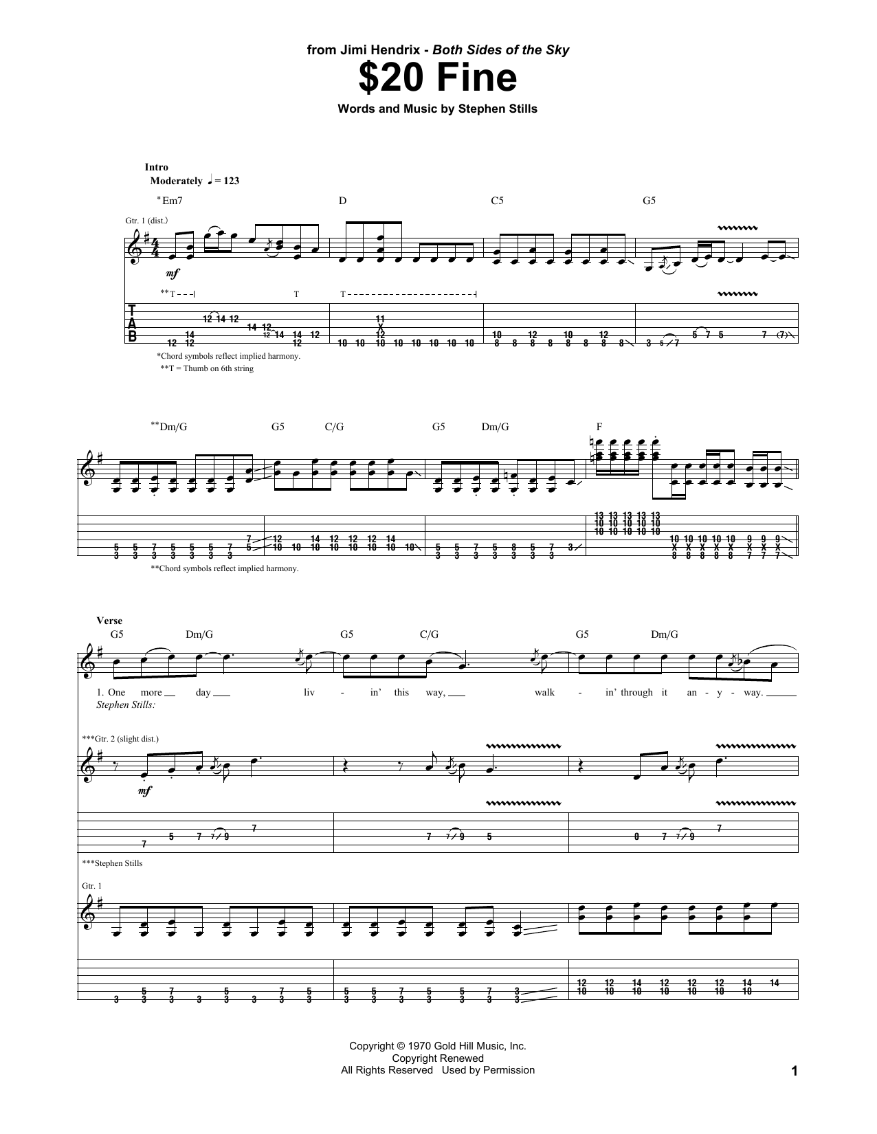 Jimi Hendrix $20 Fine sheet music notes and chords arranged for Guitar Tab