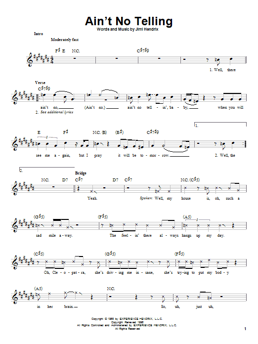 Jimi Hendrix Ain't No Telling sheet music notes and chords arranged for Easy Guitar