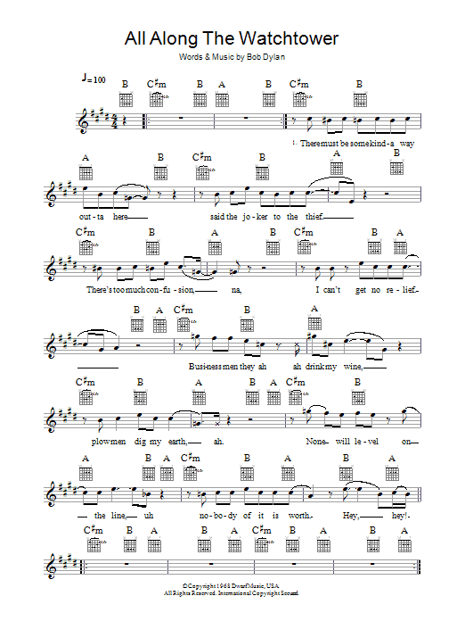 Jimi Hendrix All Along The Watchtower sheet music notes and chords arranged for Guitar Lead Sheet