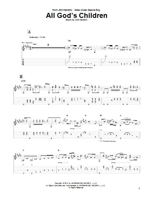 Jimi Hendrix All God's Children sheet music notes and chords arranged for Guitar Tab
