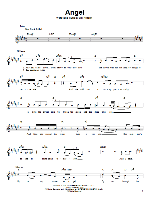 Jimi Hendrix Angel sheet music notes and chords arranged for Guitar Tab