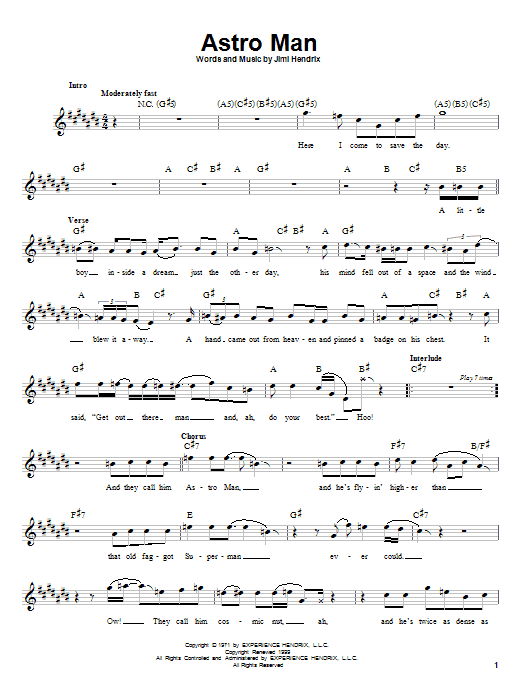 Jimi Hendrix Astro Man sheet music notes and chords arranged for Easy Guitar