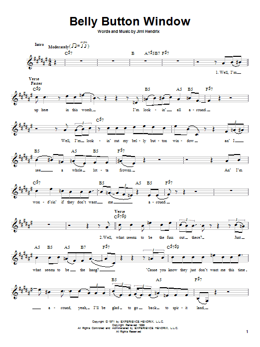 Jimi Hendrix Belly Button Window sheet music notes and chords arranged for Easy Guitar