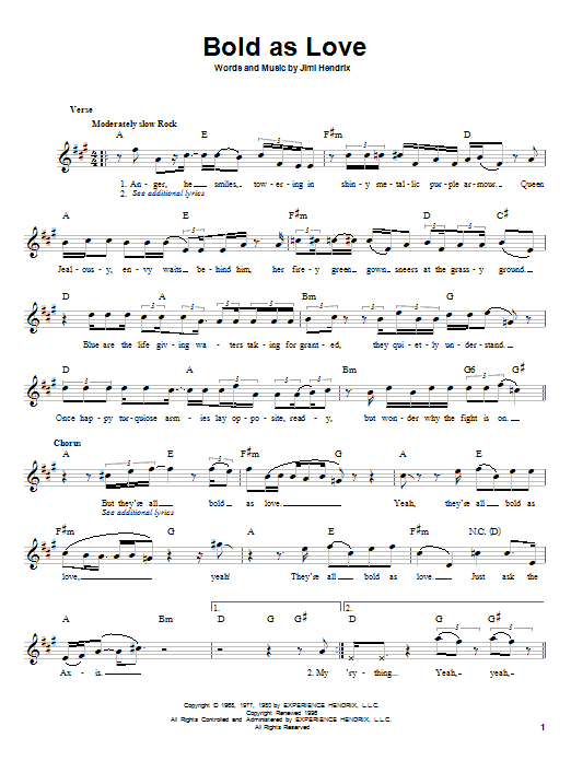 Jimi Hendrix Bold As Love sheet music notes and chords arranged for Easy Guitar