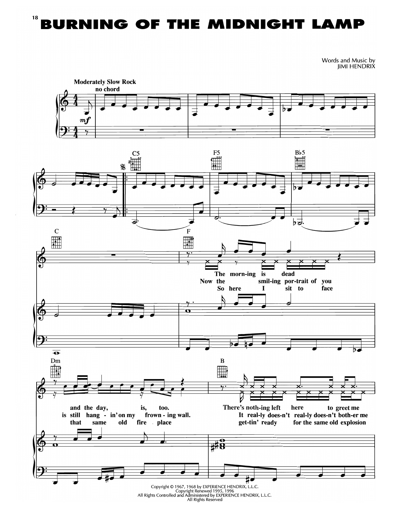 Jimi Hendrix Burning Of The Midnight Lamp sheet music notes and chords arranged for Piano, Vocal & Guitar Chords (Right-Hand Melody)