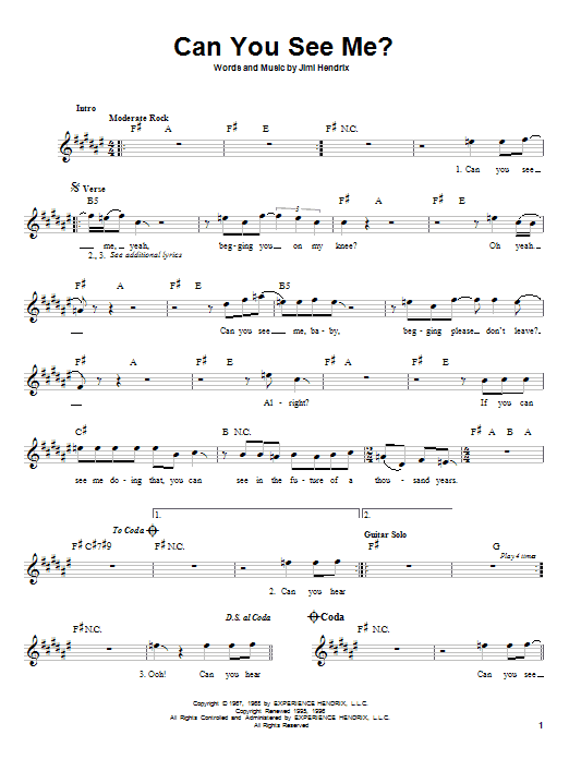 Jimi Hendrix Can You See Me? sheet music notes and chords arranged for Guitar Tab (Single Guitar)
