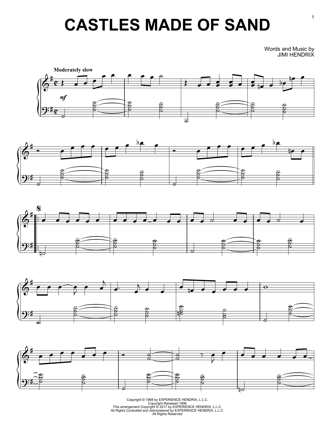 Jimi Hendrix Castles Made Of Sand [Jazz version] sheet music notes and chords arranged for Piano Solo