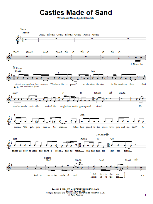Jimi Hendrix Castles Made Of Sand sheet music notes and chords arranged for Guitar Tab