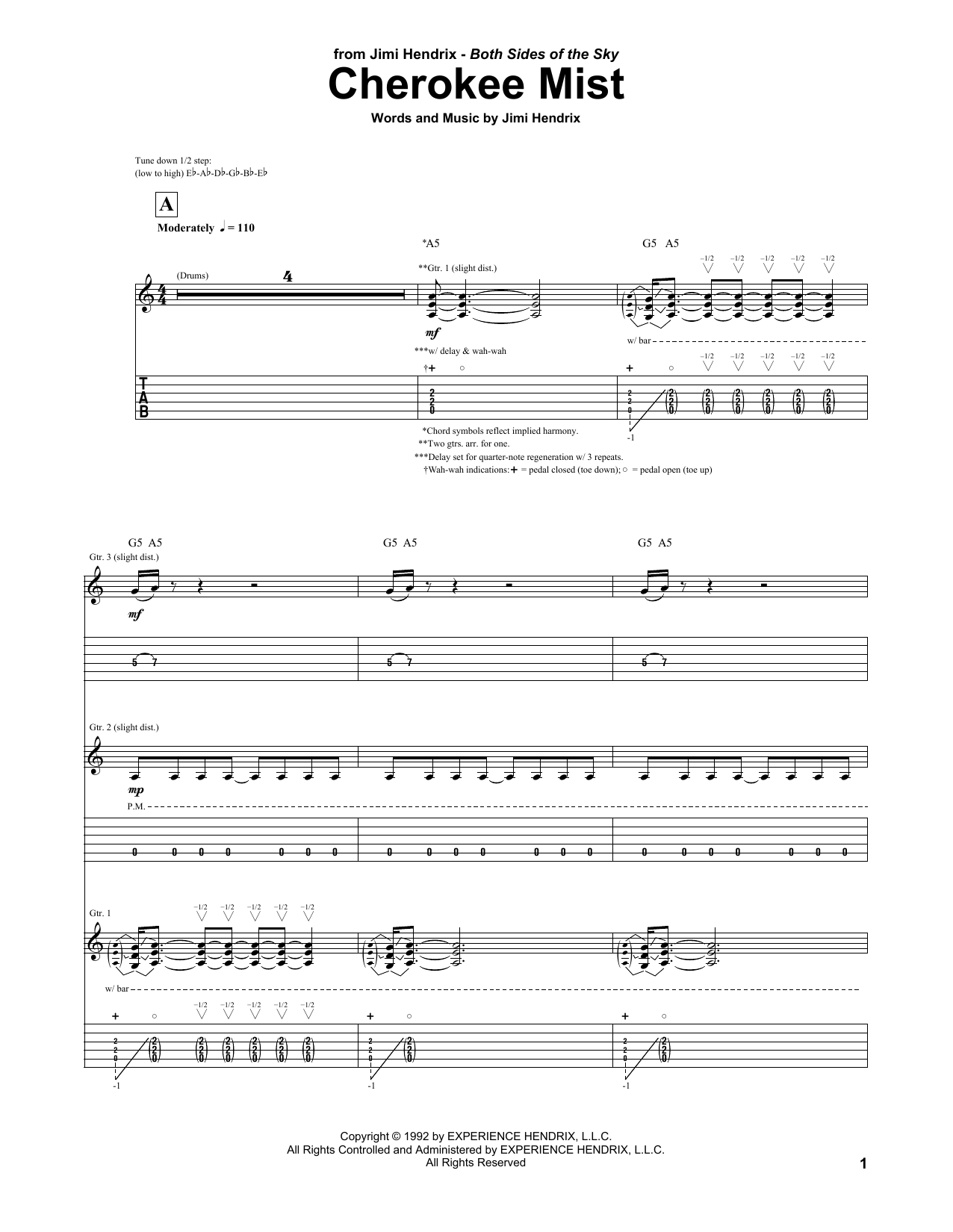 Jimi Hendrix Cherokee Mist sheet music notes and chords arranged for Guitar Tab