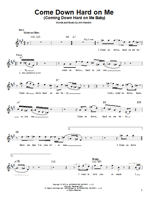 Jimi Hendrix Come Down Hard On Me (Coming Down Hard On Me Baby) sheet music notes and chords arranged for Easy Guitar