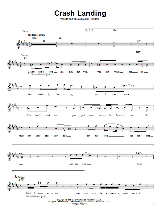 Jimi Hendrix Crash Landing sheet music notes and chords arranged for Easy Guitar