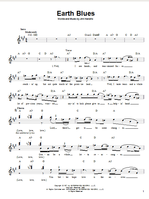 Jimi Hendrix Earth Blues sheet music notes and chords arranged for Easy Guitar