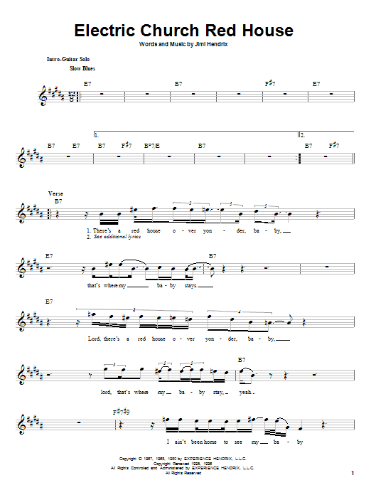 Jimi Hendrix Electric Church Red House sheet music notes and chords arranged for Easy Guitar