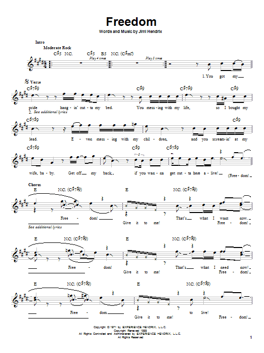 Jimi Hendrix Freedom sheet music notes and chords arranged for Guitar Tab