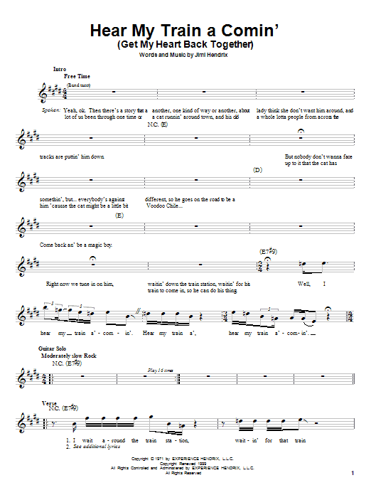Jimi Hendrix Hear My Train A Comin' (Get My Heart Back Together) sheet music notes and chords arranged for Easy Guitar