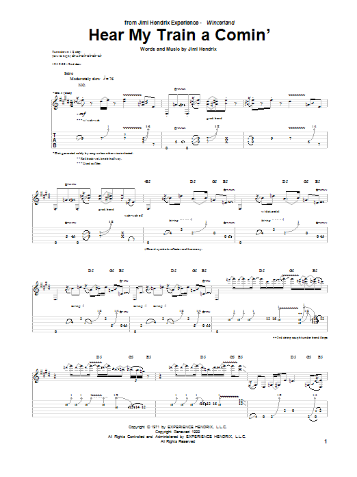 Jimi Hendrix Hear My Train A Comin' sheet music notes and chords arranged for Guitar Tab (Single Guitar)