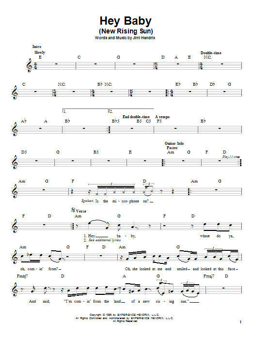 Jimi Hendrix Hey Baby (New Rising Sun) sheet music notes and chords arranged for Easy Guitar