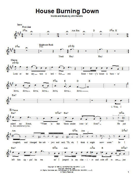 Jimi Hendrix House Burning Down sheet music notes and chords arranged for Easy Guitar