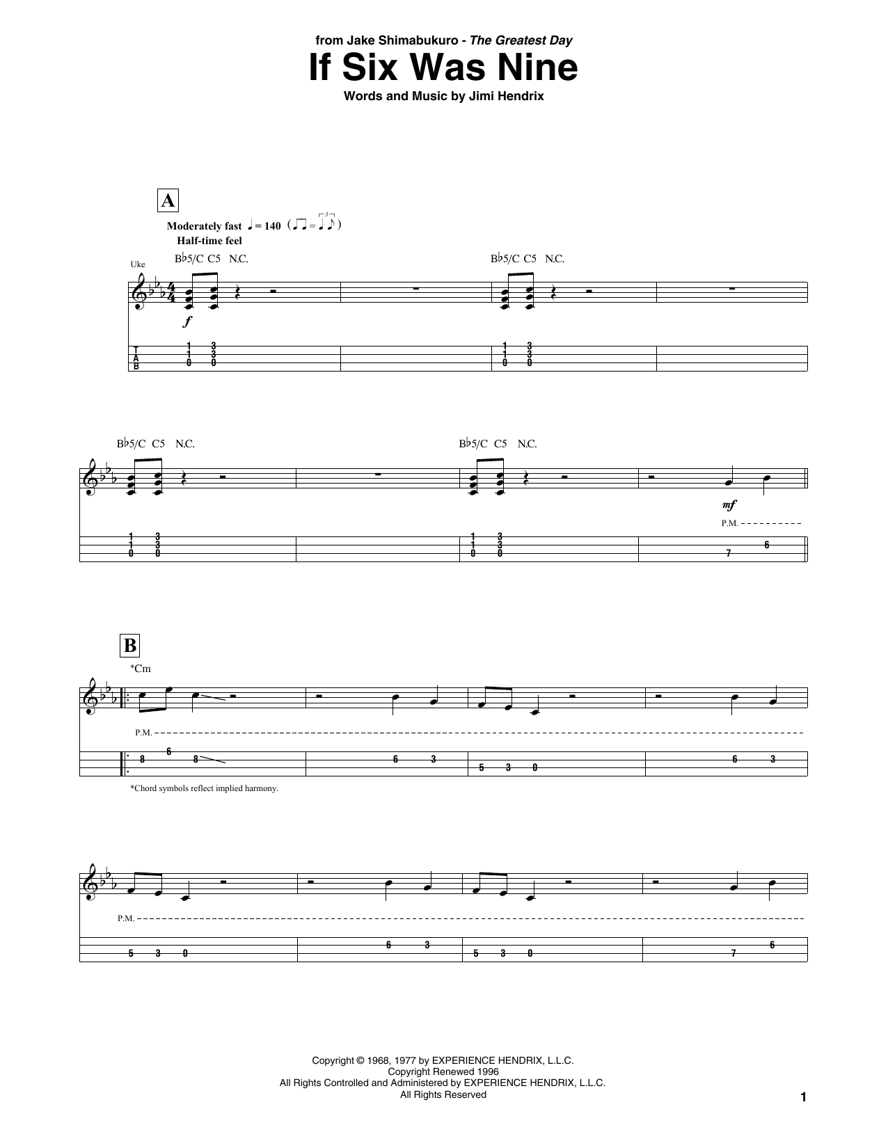 Jimi Hendrix If Six Was Nine (arr. Jake Shimabukuro) sheet music notes and chords arranged for Ukulele Tab