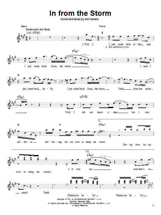 Jimi Hendrix In From The Storm sheet music notes and chords arranged for Easy Guitar