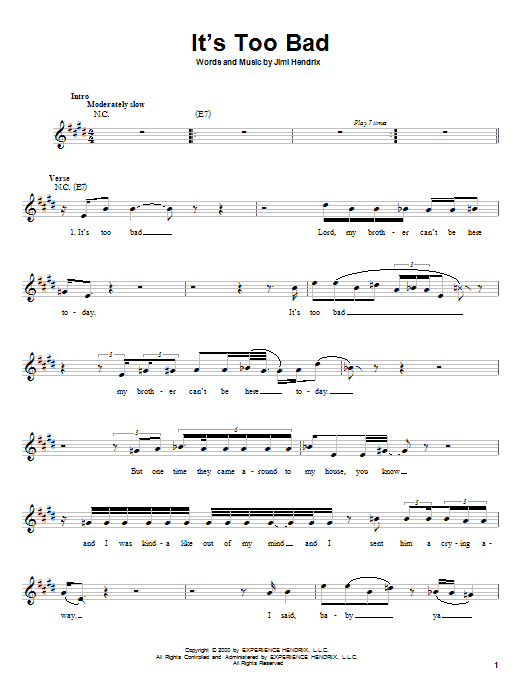 Jimi Hendrix It's Too Bad sheet music notes and chords arranged for Easy Guitar
