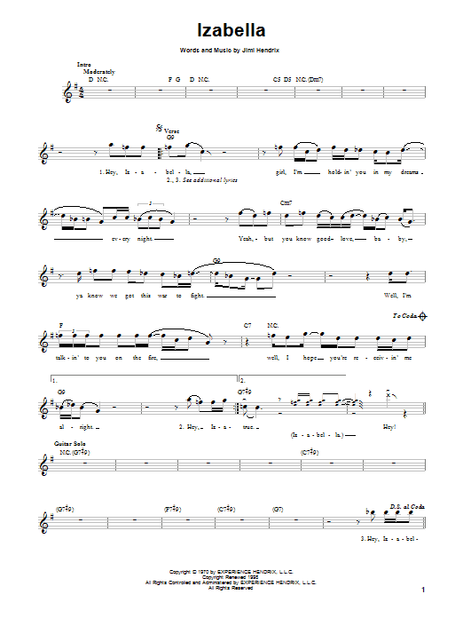 Jimi Hendrix Izabella sheet music notes and chords arranged for Easy Guitar