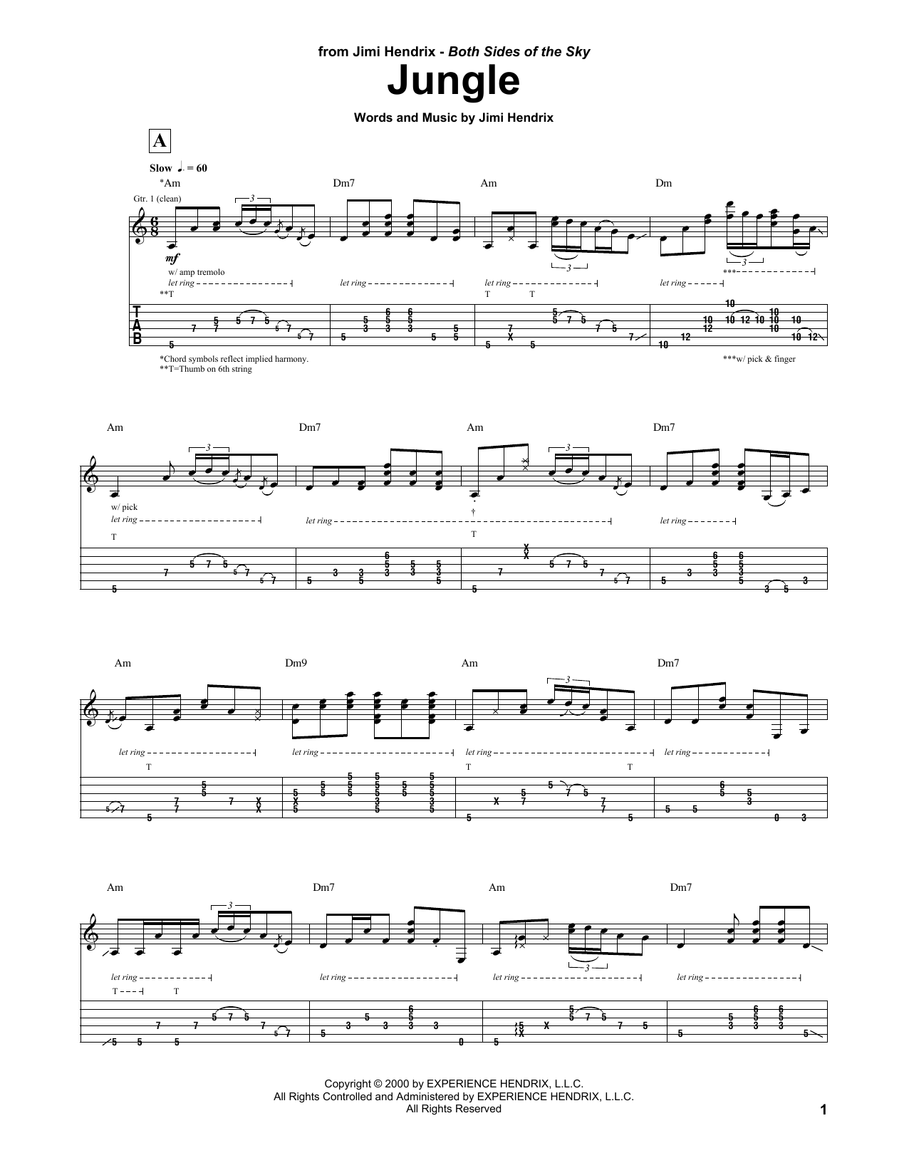 Jimi Hendrix Jungle sheet music notes and chords arranged for Guitar Tab