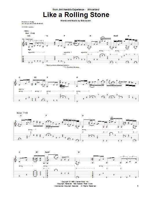 Jimi Hendrix Like A Rolling Stone sheet music notes and chords arranged for Guitar Tab