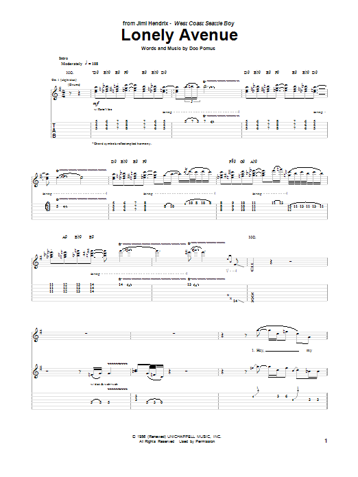 Jimi Hendrix Lonely Avenue sheet music notes and chords arranged for Guitar Tab