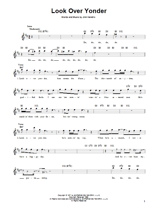 Jimi Hendrix Look Over Yonder sheet music notes and chords arranged for Easy Guitar