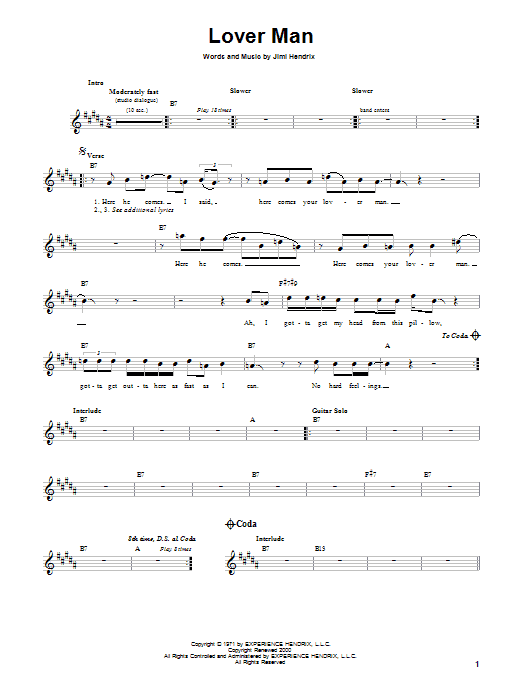 Jimi Hendrix Lover Man sheet music notes and chords arranged for Guitar Tab