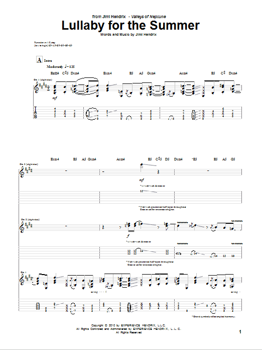 Jimi Hendrix Lullaby For The Summer sheet music notes and chords arranged for Guitar Tab