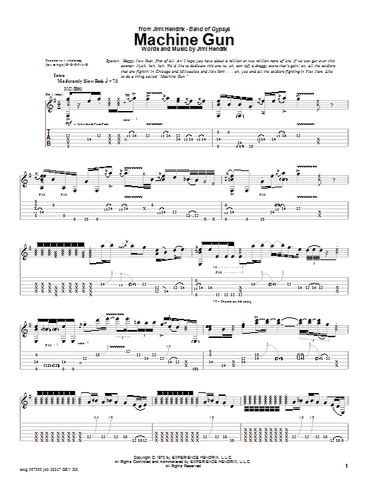 Jimi Hendrix Machine Gun sheet music notes and chords arranged for Easy Guitar