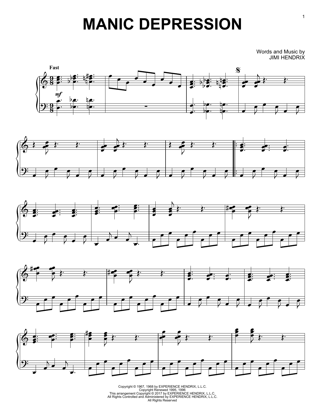 Jimi Hendrix Manic Depression [Jazz version] sheet music notes and chords arranged for Piano Solo