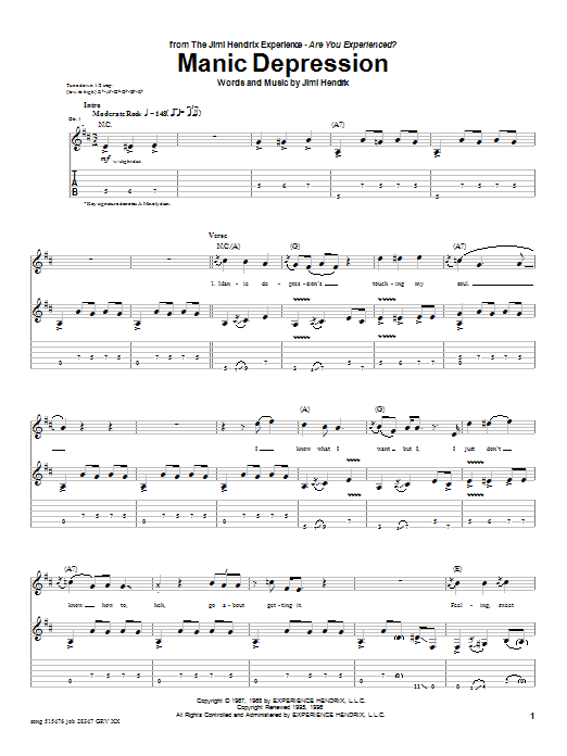 Jimi Hendrix Manic Depression sheet music notes and chords arranged for Banjo Tab