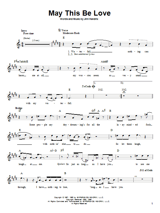 Jimi Hendrix May This Be Love sheet music notes and chords arranged for Easy Guitar