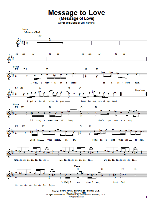 Jimi Hendrix Message To Love (Message Of Love) sheet music notes and chords arranged for Easy Guitar