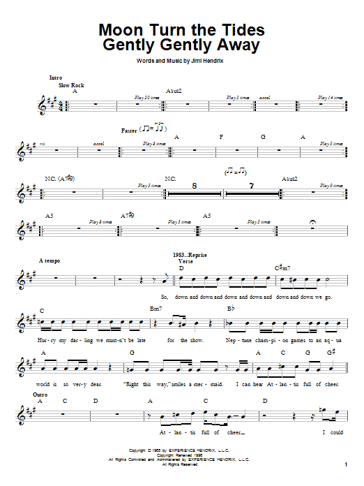 Jimi Hendrix Moon Turn The Tides Gently Gently Away sheet music notes and chords arranged for Easy Guitar