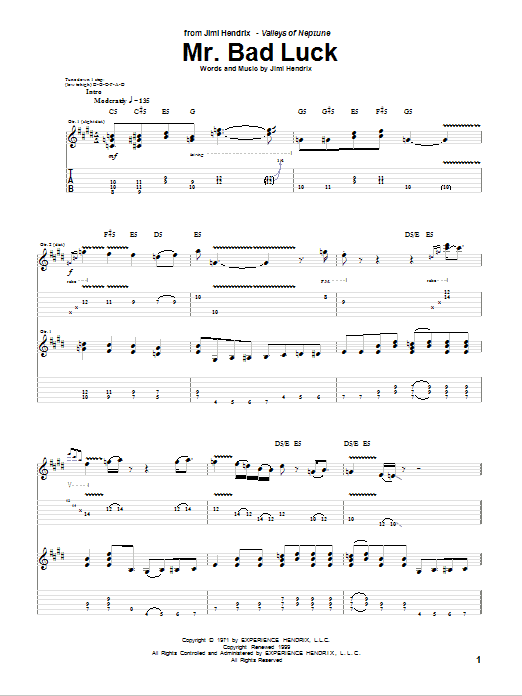 Jimi Hendrix Mr. Bad Luck sheet music notes and chords arranged for Guitar Tab