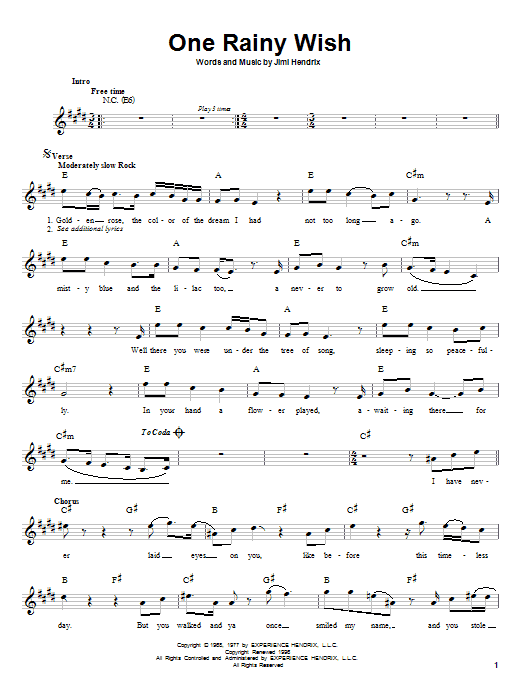 Jimi Hendrix One Rainy Wish sheet music notes and chords arranged for Easy Guitar