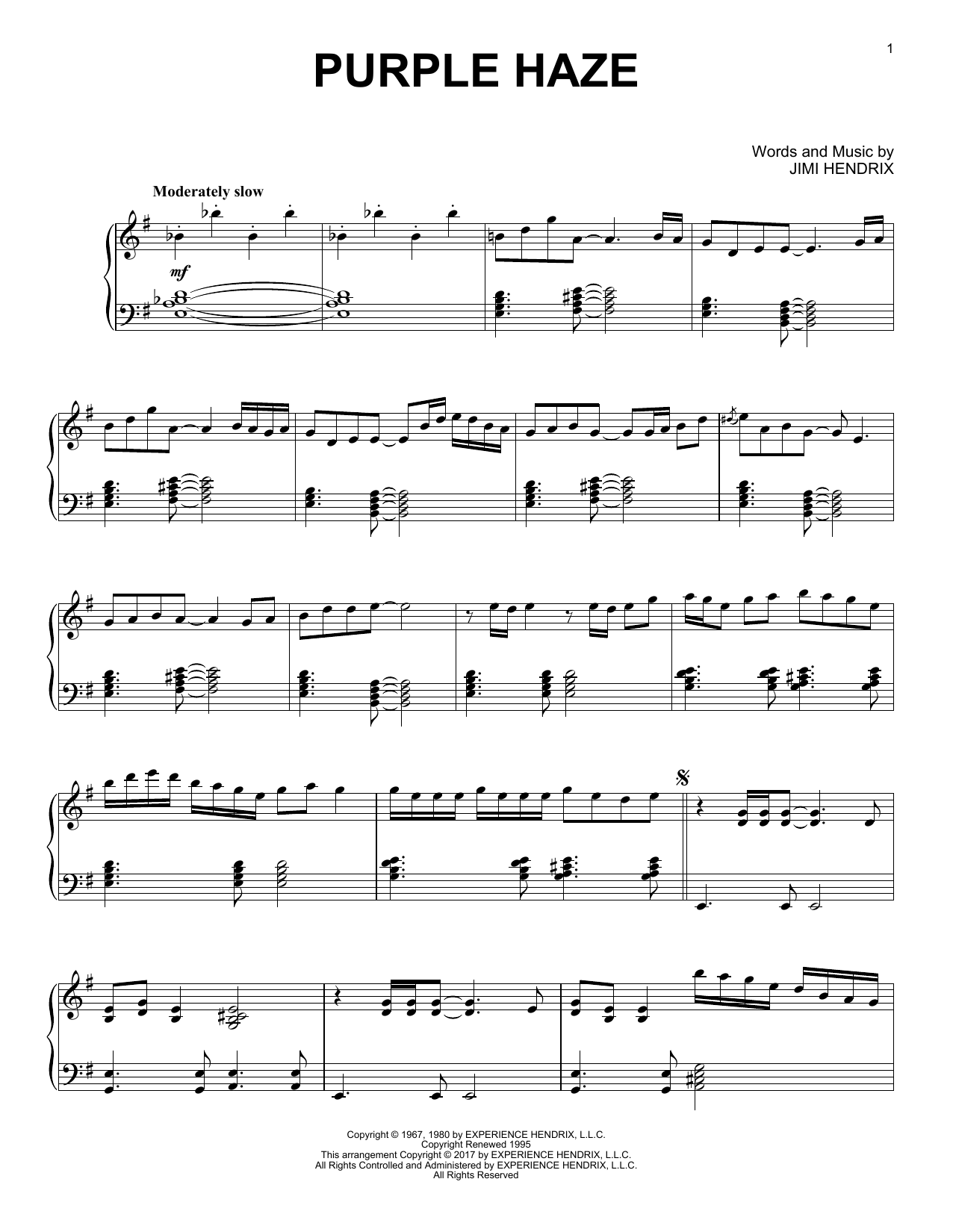 Jimi Hendrix Purple Haze [Jazz version] sheet music notes and chords arranged for Piano Solo