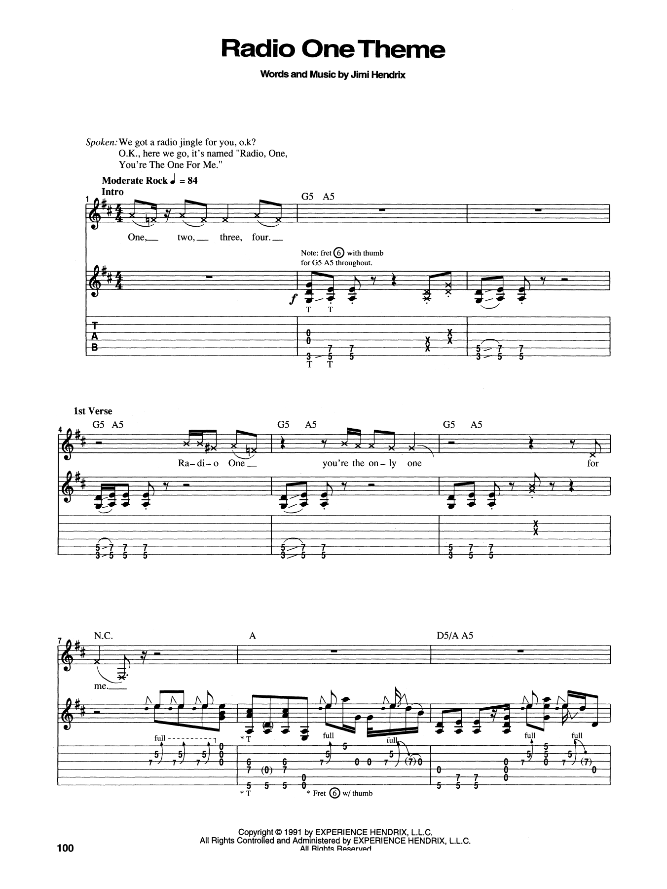 Jimi Hendrix Radio One Theme sheet music notes and chords arranged for Guitar Tab