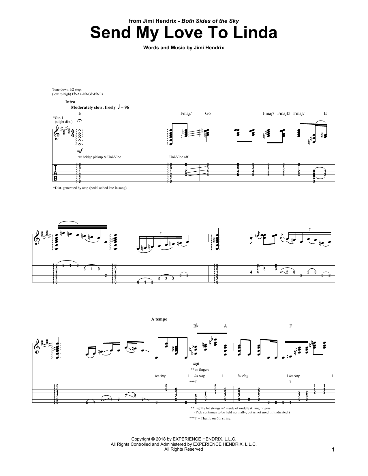 Jimi Hendrix Send My Love To Linda sheet music notes and chords arranged for Guitar Tab